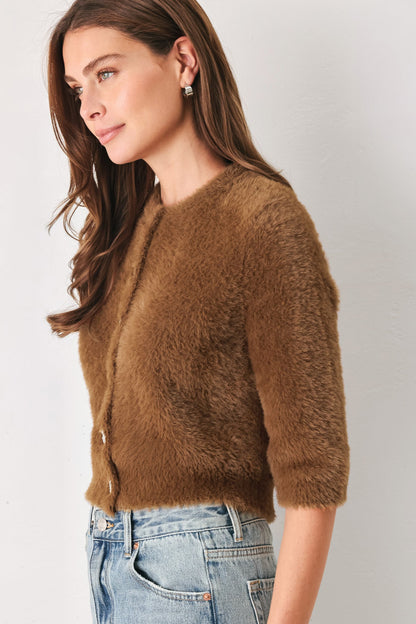 CAMEL CLASSIC CAMEL/OFF WHITE ELBOW-SLEEVE CARDIGAN