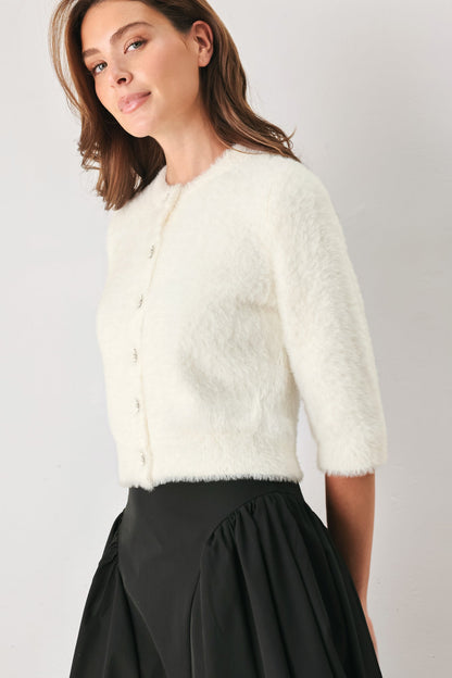CAMEL CLASSIC CAMEL/OFF WHITE ELBOW-SLEEVE CARDIGAN