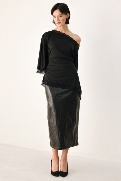 Flying Tomato After Hours Lace Trim Asymmetrical Top