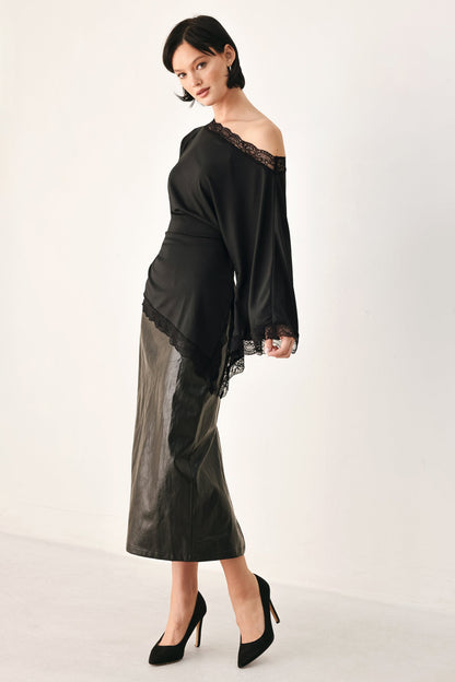 Flying Tomato After Hours Lace Trim Asymmetrical Top
