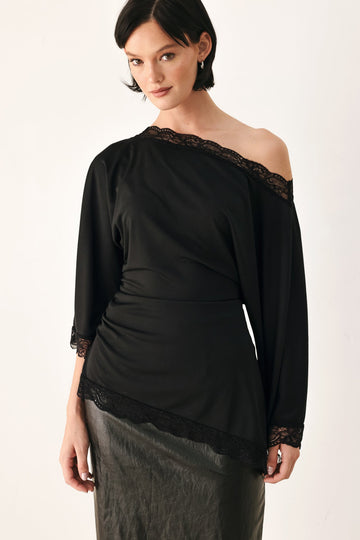 Flying Tomato After Hours Lace Trim Asymmetrical Top