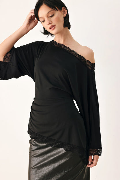 Flying Tomato After Hours Lace Trim Asymmetrical Top
