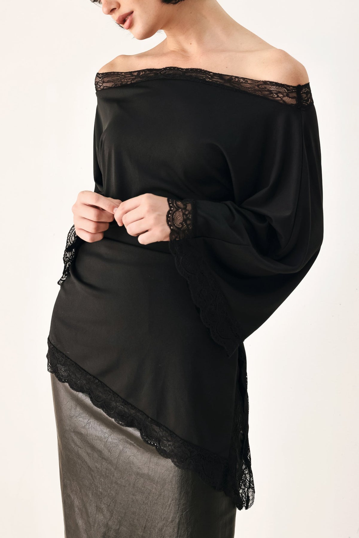 Flying Tomato After Hours Lace Trim Asymmetrical Top