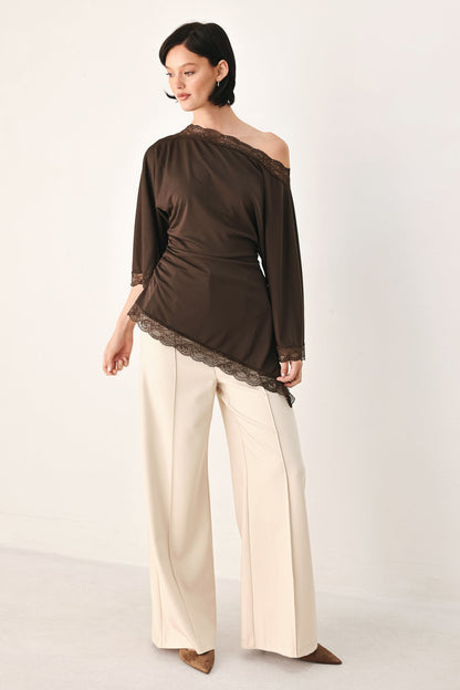 Flying Tomato After Hours Lace Trim Asymmetrical Top