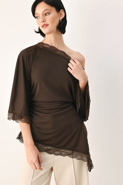 Flying Tomato After Hours Lace Trim Asymmetrical Top