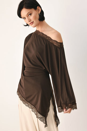 Flying Tomato After Hours Lace Trim Asymmetrical Top