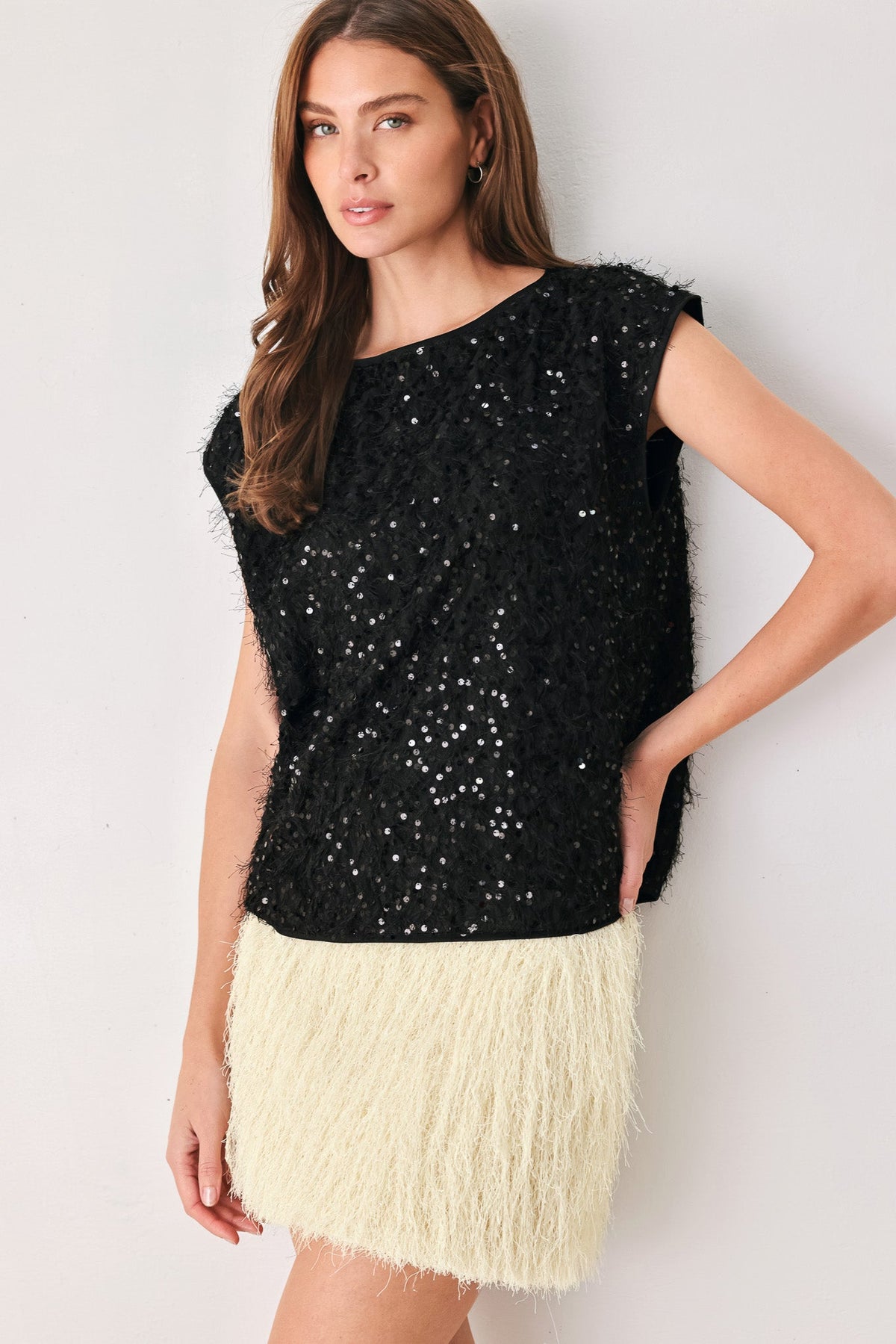 IVORY FRINGE OFF WHITE SEQUIN SLEEVELESS TOP