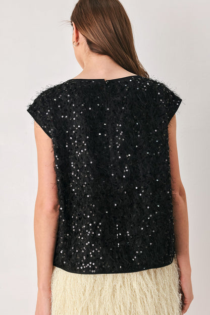IVORY FRINGE OFF WHITE SEQUIN SLEEVELESS TOP
