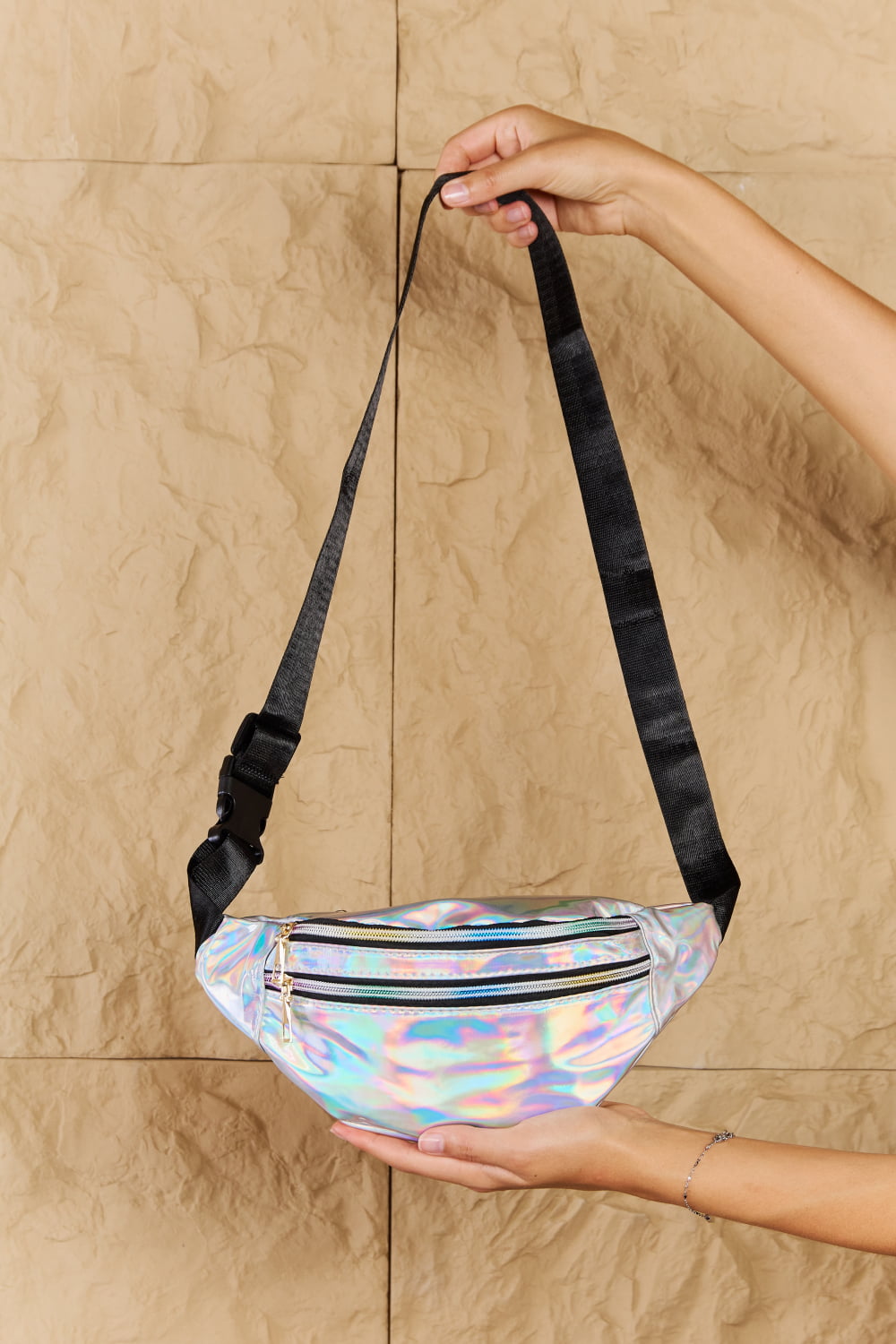 Fame | Good Vibrations Holographic Double Zipper Fanny Pack in Silver | us.meeeshop
