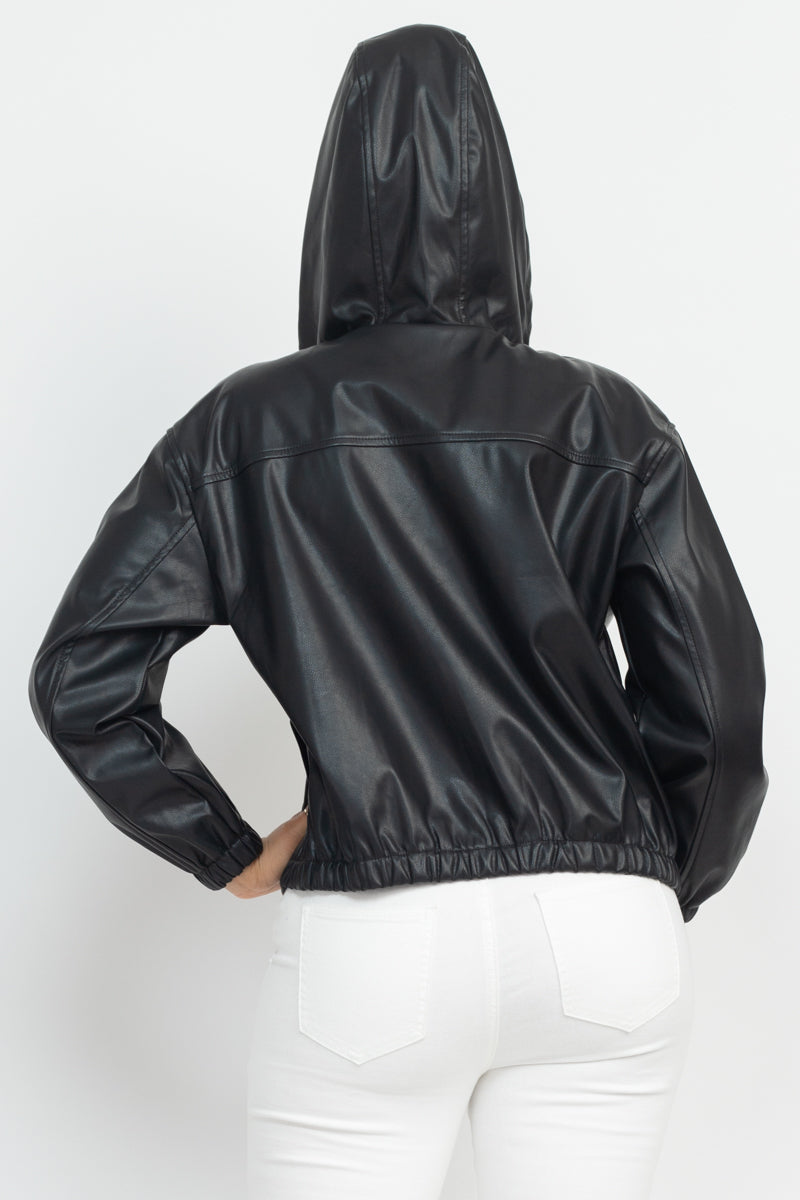 Faux Leather Hoodie Jacket | us.meeeshop