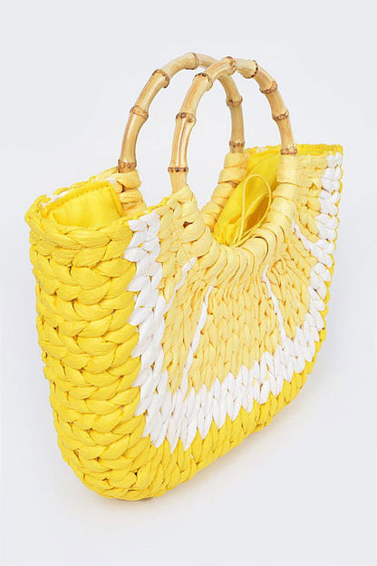 Faux Straw Lemon Bamboo Handle Summer Tote us.meeeshop - 