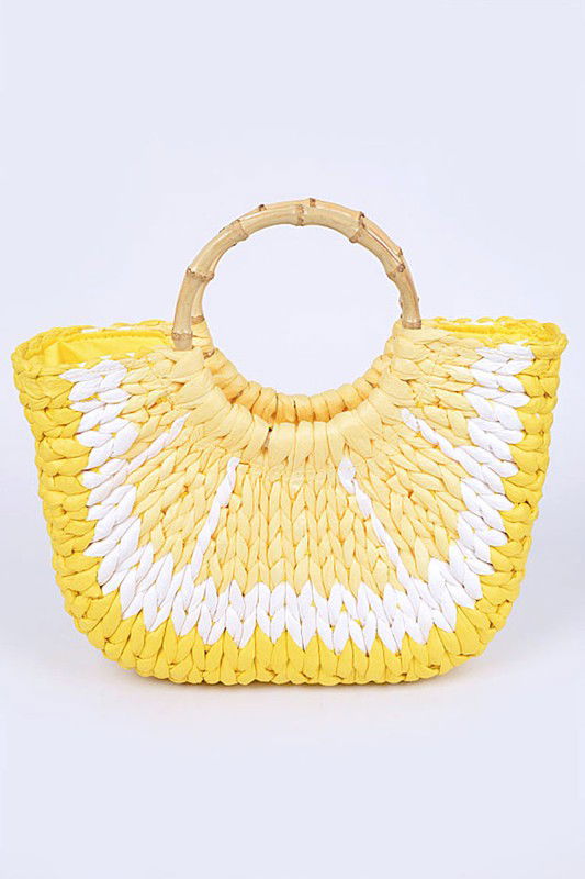 Faux Straw Lemon Bamboo Handle Summer Tote us.meeeshop - Handbags