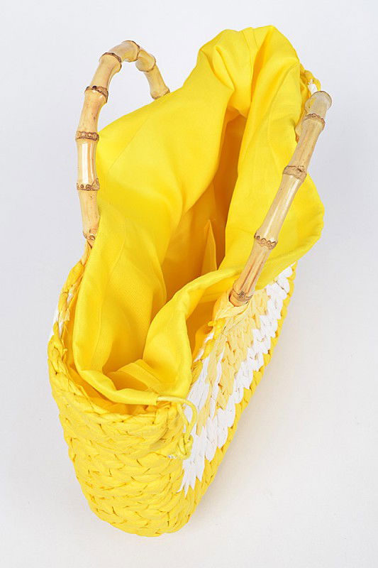 Faux Straw Lemon Bamboo Handle Summer Tote us.meeeshop - 