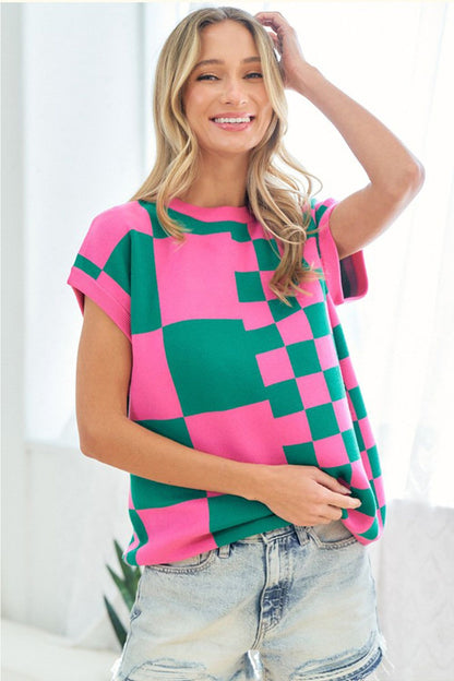 First Love Checkered Drop Shoulder Knit Top us.meeeshop - 