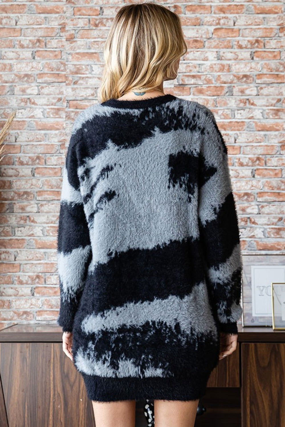 First Love Full Size Abstract Pattern Contrast Feather Yarn Sweater us.meeeshop - 