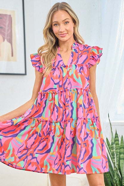 First Love Full Size Printed Ruffle Cap Sleeve Tiered Dress us.meeeshop - Dresses