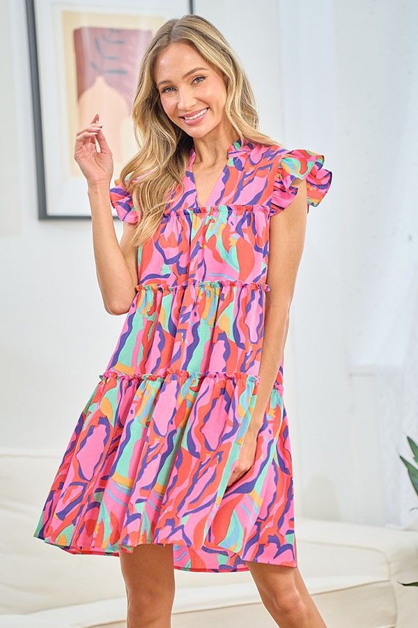 First Love Full Size Printed Ruffle Cap Sleeve Tiered Dress us.meeeshop - 