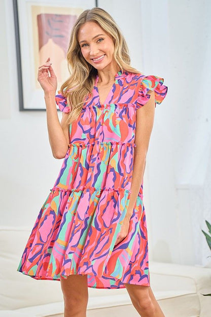 First Love Full Size Printed Ruffle Cap Sleeve Tiered Dress us.meeeshop - 