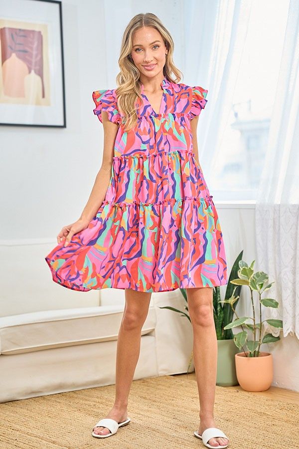 First Love Full Size Printed Ruffle Cap Sleeve Tiered Dress us.meeeshop - 