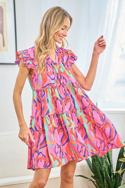 First Love Full Size Printed Ruffle Cap Sleeve Tiered Dress us.meeeshop - 