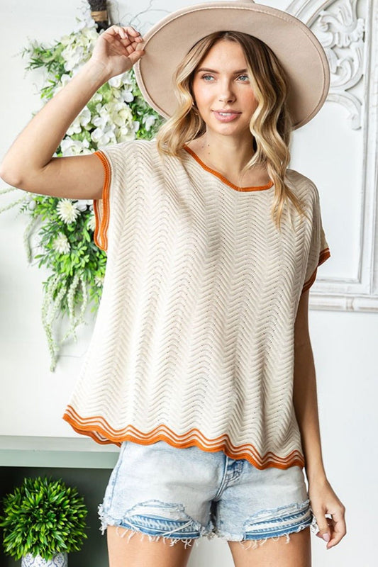 First Love Full Size Contrast Wavy Crochet Drop Shoulder Knit Top - us.meeeshop