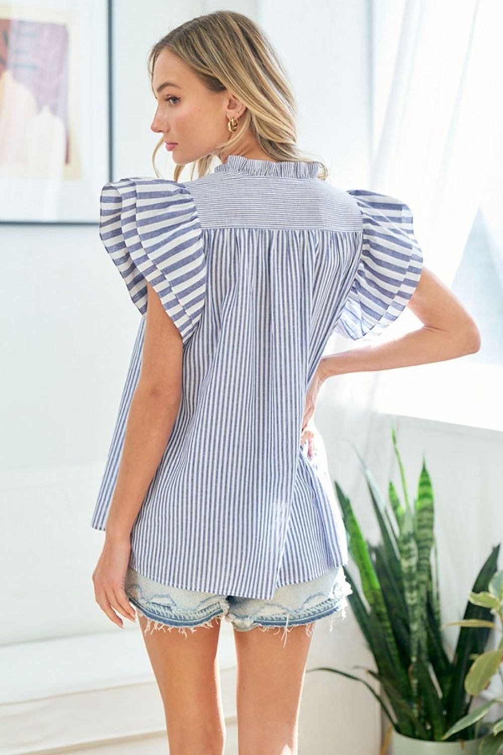 First Love Full Size Striped Flutter Sleeve Blouse - us.meeeshop