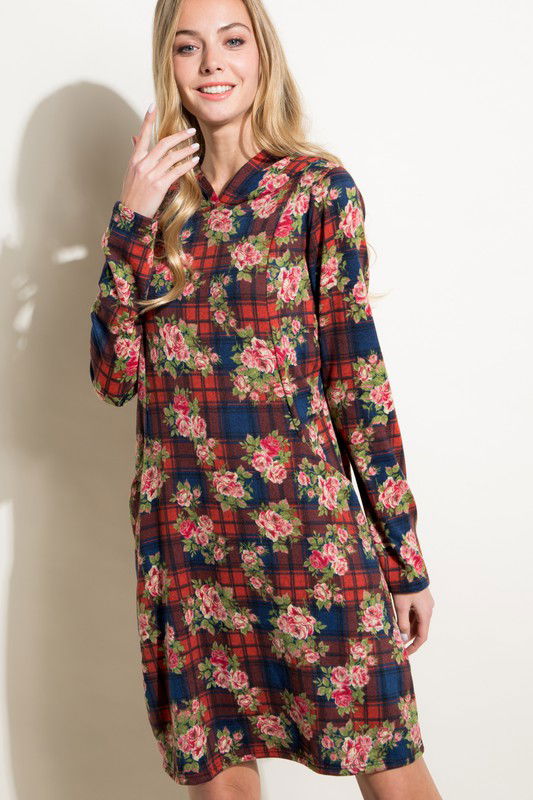 Floral And Plaid Print Sweatshirt Mini Dress us.meeeshop - 