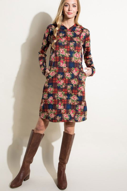 Floral And Plaid Print Sweatshirt Mini Dress us.meeeshop - 