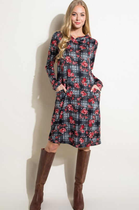 Floral And Plaid Print Sweatshirt Mini Dress us.meeeshop - 