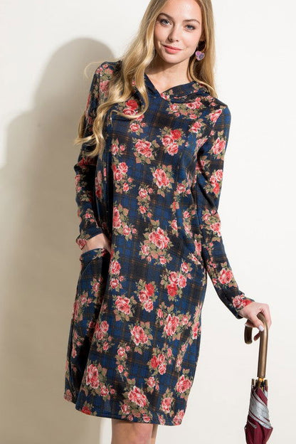 Floral And Plaid Print Sweatshirt Mini Dress us.meeeshop - 