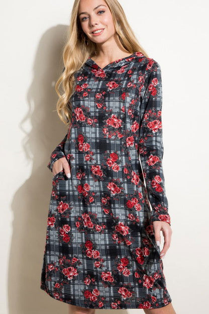 Floral And Plaid Print Sweatshirt Mini Dress us.meeeshop - 