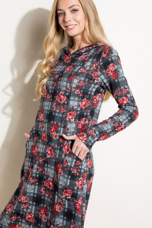 Floral And Plaid Print Sweatshirt Mini Dress us.meeeshop - 