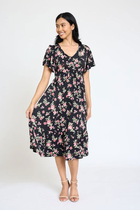 Floral Angel Sleeve Midi Dress us.meeeshop - 