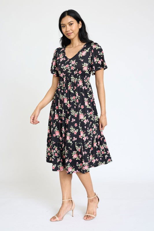 Floral Angel Sleeve Midi Dress us.meeeshop - 