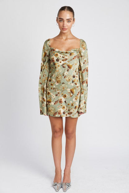 Floral Long Sleeve Mini Dress With Open Back | us.meeeshop