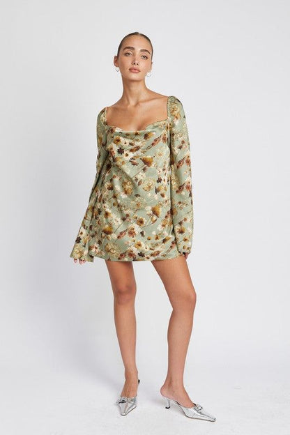 Floral Long Sleeve Mini Dress With Open Back us.meeeshop - Dresses