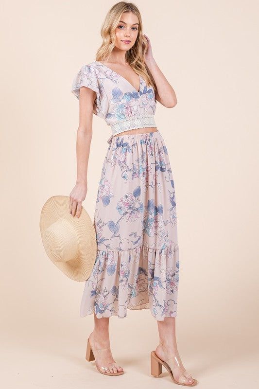 Floral Print Skirt Set with Tie Back Blouse us.meeeshop - 