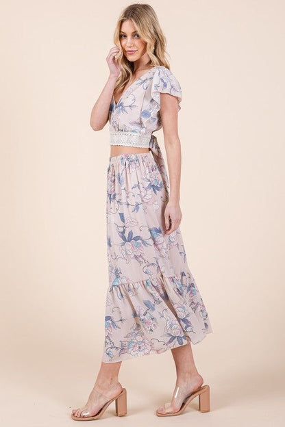 Floral Print Skirt Set with Tie Back Blouse us.meeeshop - 