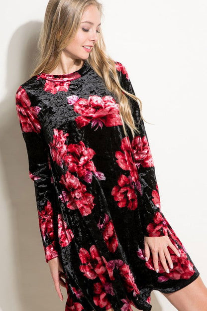 Floral Print Velvet Swing Mini Dress us.meeeshop - Dresses