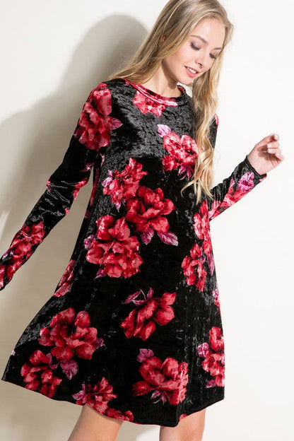 Floral Print Velvet Swing Mini Dress us.meeeshop - 