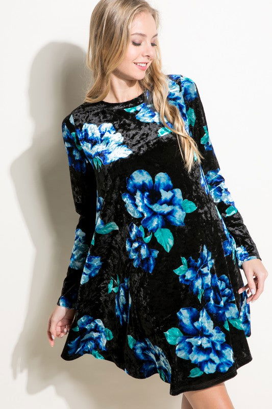 Floral Print Velvet Swing Mini Dress us.meeeshop - 