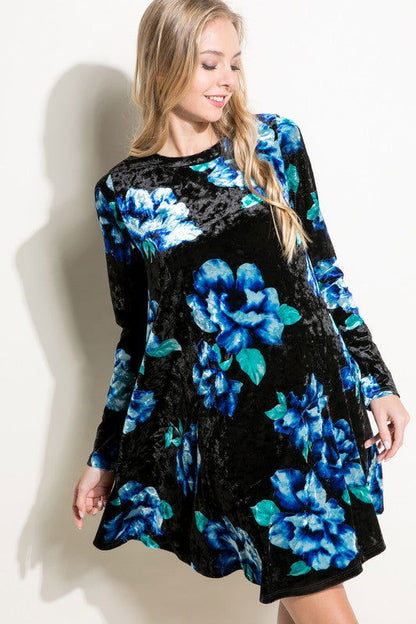 Floral Print Velvet Swing Mini Dress us.meeeshop - 