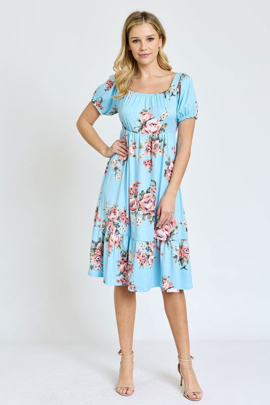 Floral Square Neck Puff Sleeve Boho Dress us.meeeshop - 