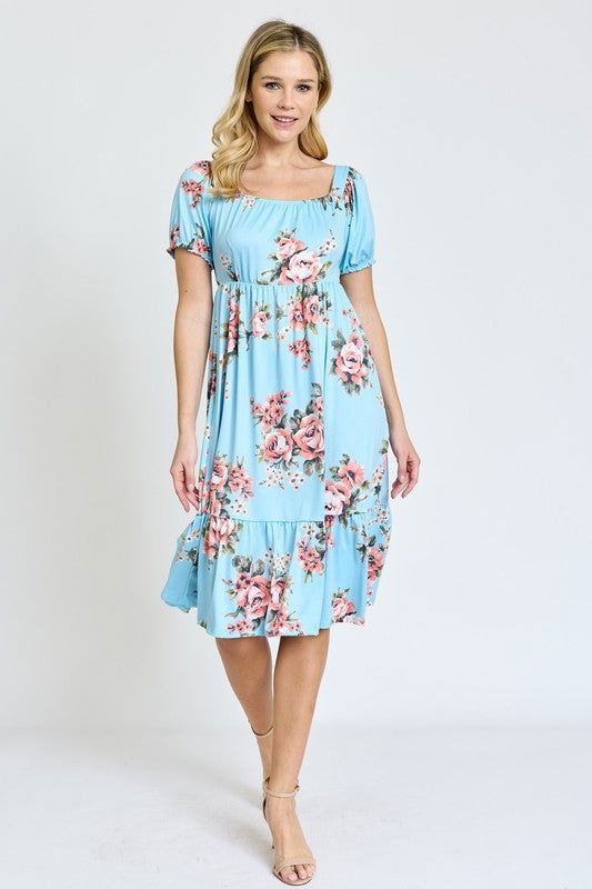 Floral Square Neck Puff Sleeve Boho Dress us.meeeshop - 