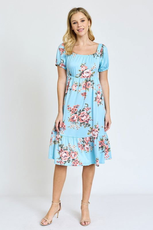 Floral Square Neck Puff Sleeve Boho Dress us.meeeshop - 