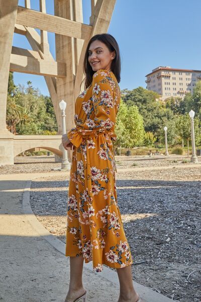 Floral Tie Back Flounce Sleeve Dress us.meeeshop - 