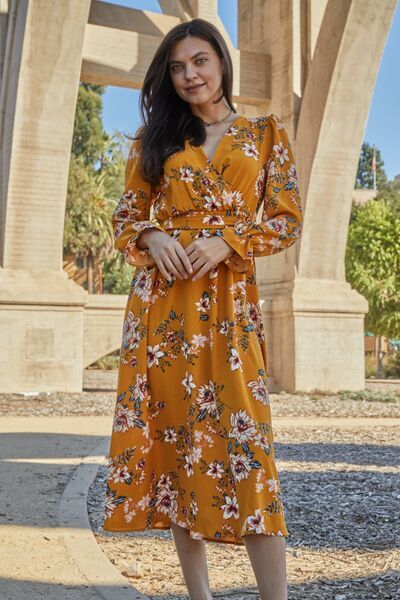 Floral Tie Back Flounce Sleeve Dress us.meeeshop - 