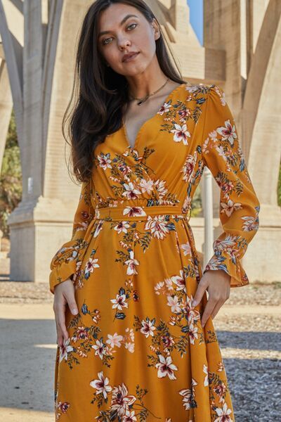 Floral Tie Back Flounce Sleeve Dress us.meeeshop - 