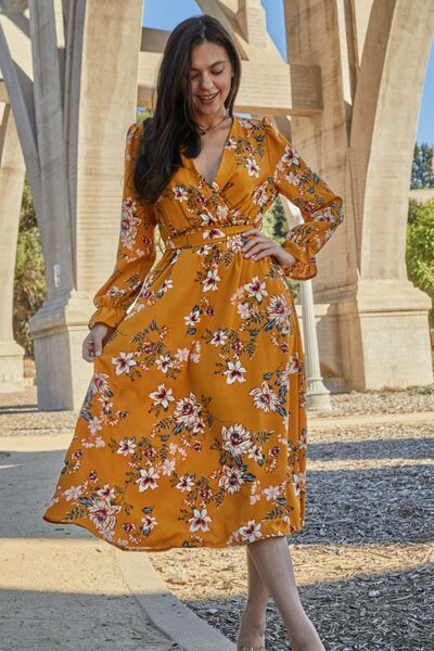 Floral Tie Back Flounce Sleeve Dress us.meeeshop - 