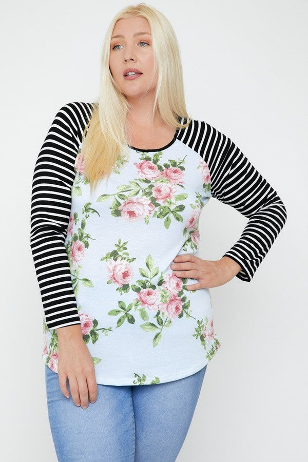 Floral Top Featuring Raglan Style Striped Sleeves And A Round Neck | us.meeeshop
